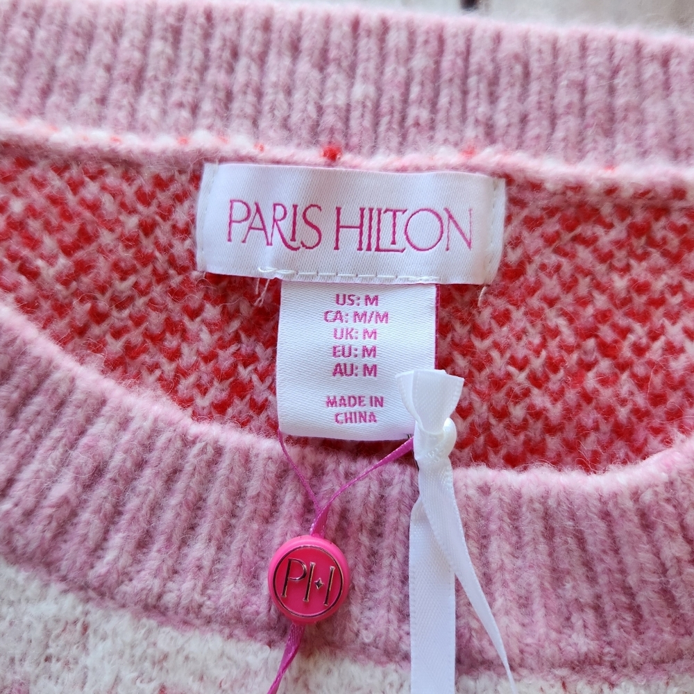NWT Paris Hilton Pullover Crewneck Sweater Pink Hearts Bows | Women's Size M - Picture 7 of 10
